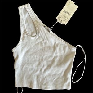 Zara White Asymmetrical Ribbed Crop Top
